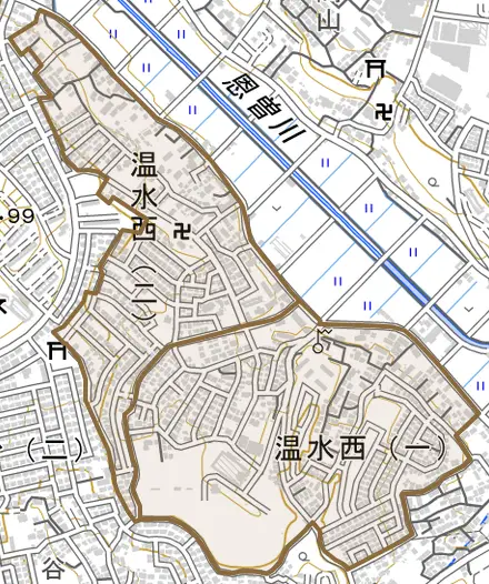 温水西とその周辺の地図。町の範囲を重ねている
