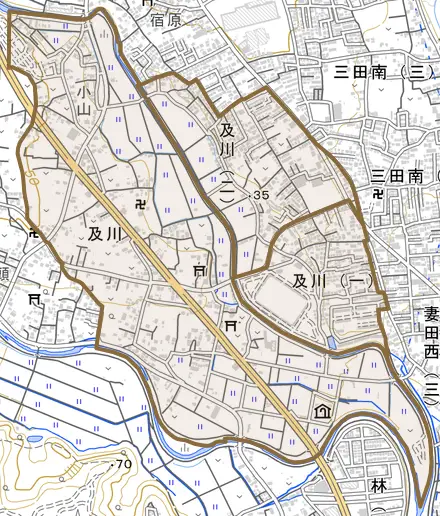 及川とその周辺の地図。町の範囲を重ねている
