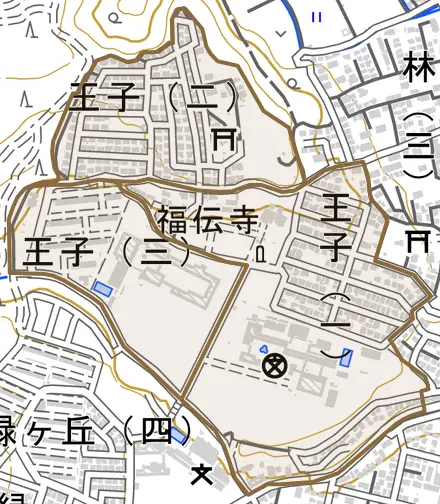 王子とその周辺の地図。町の範囲を重ねている