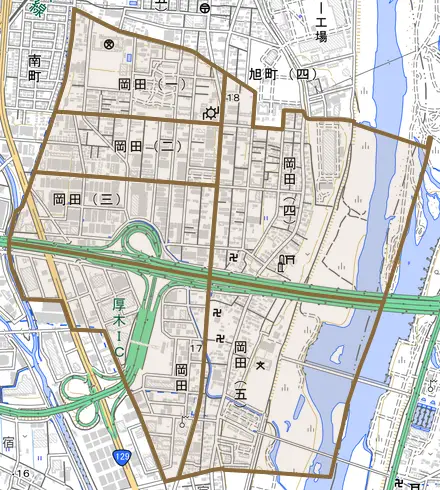 岡田とその周辺の地図。町の範囲を重ねている
