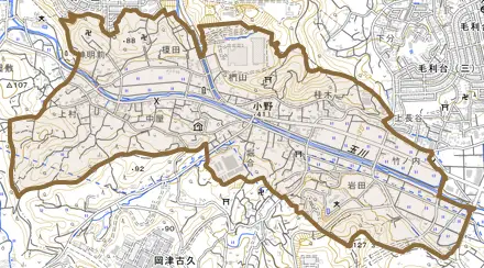 小野とその周辺の地図。町の範囲を重ねている