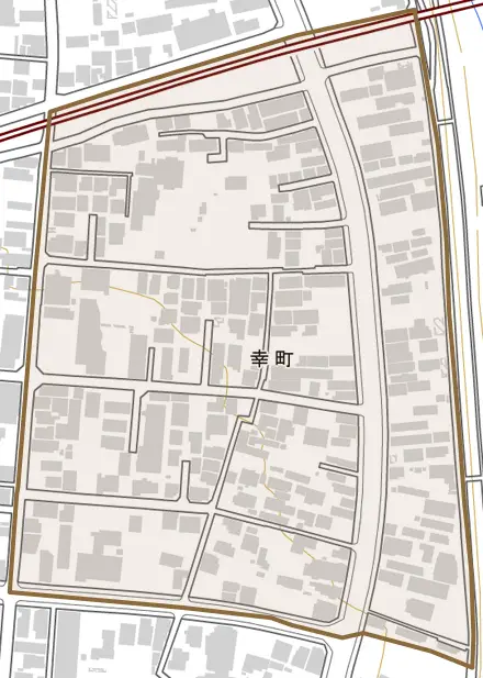 幸町とその周辺の地図。町の範囲を重ねている