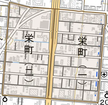 栄町とその周辺の地図。町の範囲を重ねている