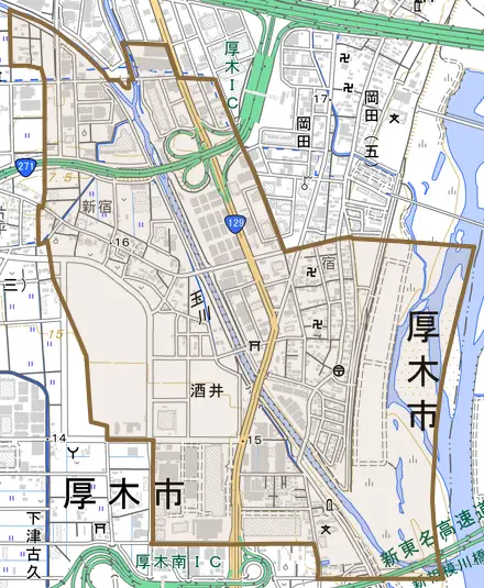 酒井とその周辺の地図。町の範囲を重ねている
