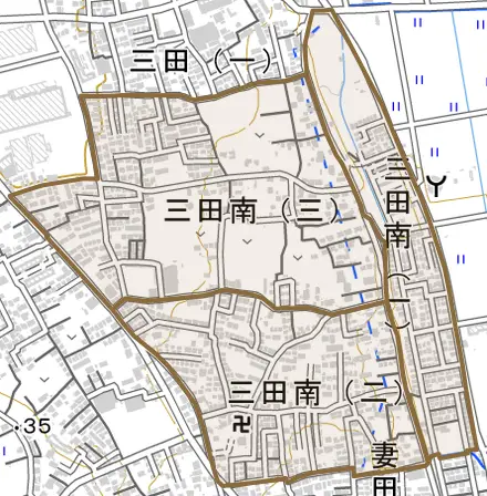 三田南とその周辺の地図。町の範囲を重ねている