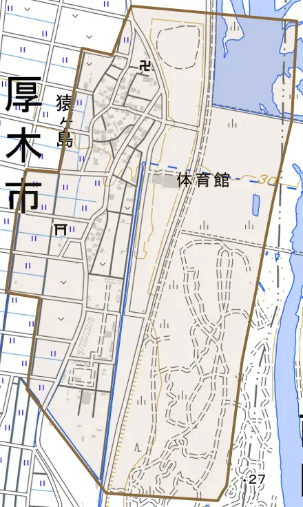 猿ヶ島とその周辺の地図。町の範囲を重ねている