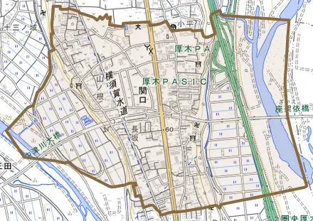 関口とその周辺の地図。町の範囲を重ねている