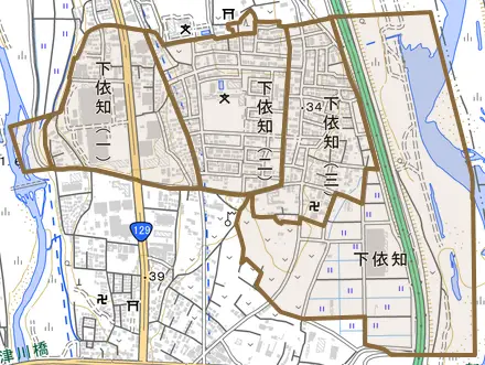 下依知とその周辺の地図。町の範囲を重ねている
