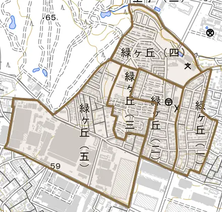 緑ヶ丘とその周辺の地図。町の範囲を重ねている
