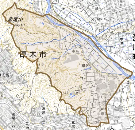 棚沢とその周辺の地図。町の範囲を重ねている