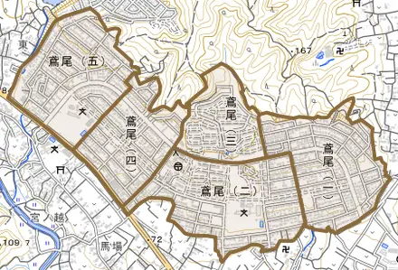 鳶尾とその周辺の地図。町の範囲を重ねている