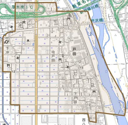 戸田とその周辺の地図。町の範囲を重ねている