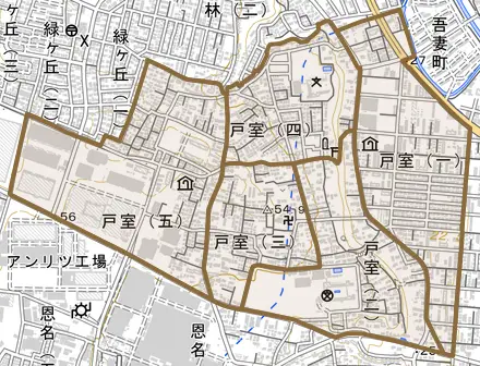 戸室とその周辺の地図。町の範囲を重ねている