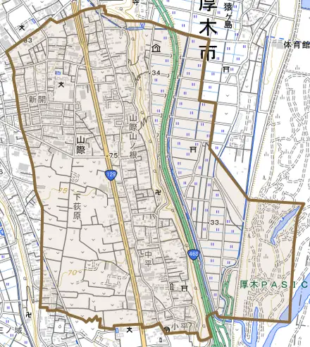 山際とその周辺の地図。町の範囲を重ねている