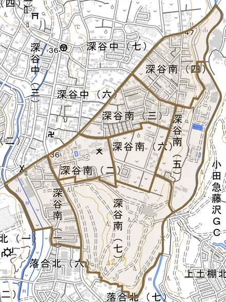 深谷南とその周辺の地図。町の範囲を重ねている