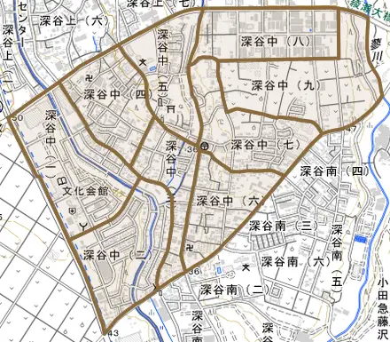 深谷中とその周辺の地図。町の範囲を重ねている