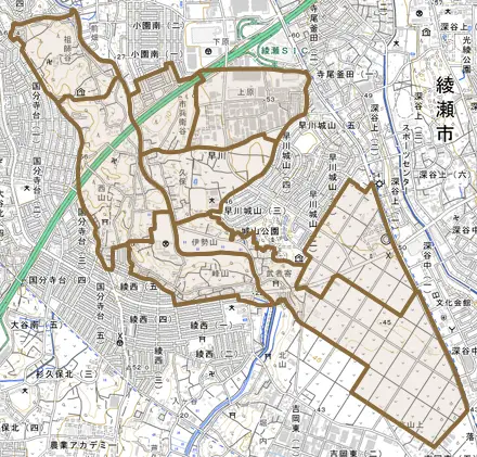 早川とその周辺の地図。町の範囲を重ねている
