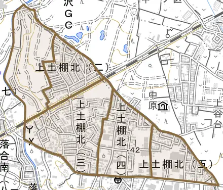 上土棚北とその周辺の地図。町の範囲を重ねている