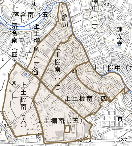 上土棚南とその周辺の地図。町の範囲を重ねている