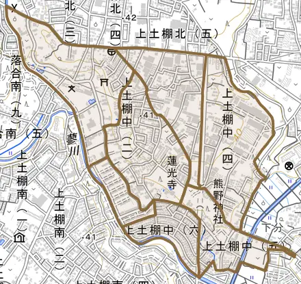 上土棚中とその周辺の地図。町の範囲を重ねている