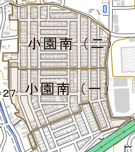 小園南とその周辺の地図。町の範囲を重ねている