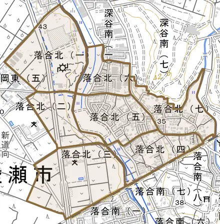 落合北とその周辺の地図。町の範囲を重ねている