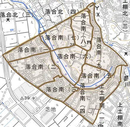 落合南とその周辺の地図。町の範囲を重ねている