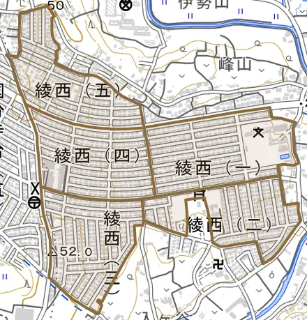 綾西とその周辺の地図。町の範囲を重ねている