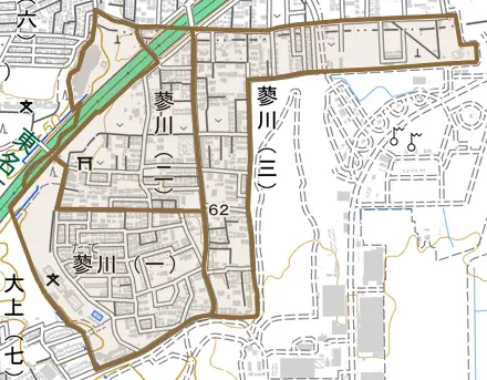 蓼川とその周辺の地図。町の範囲を重ねている