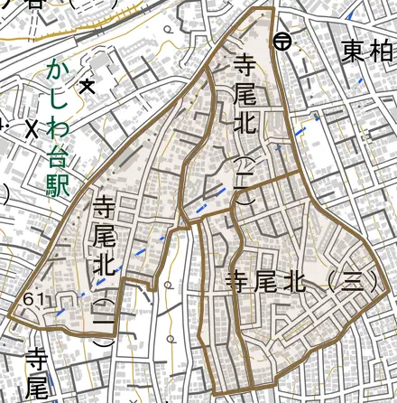 寺尾北とその周辺の地図。町の範囲を重ねている