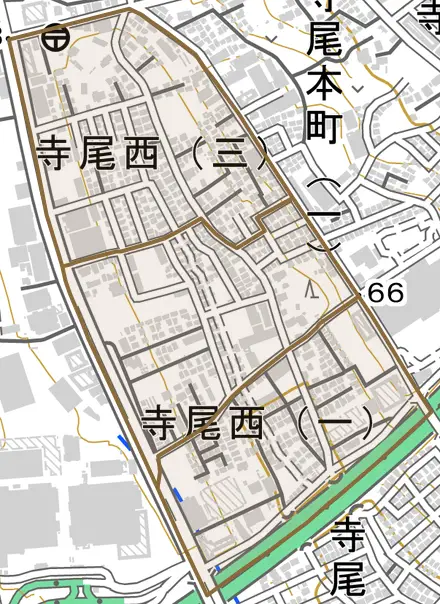 寺尾西とその周辺の地図。町の範囲を重ねている