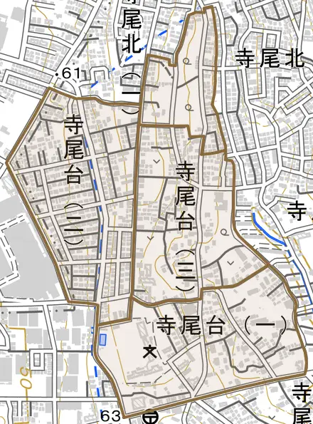寺尾台とその周辺の地図。町の範囲を重ねている