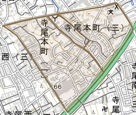 寺尾本町とその周辺の地図。町の範囲を重ねている