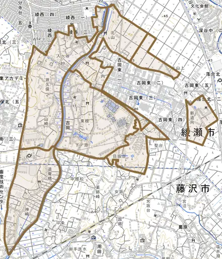 吉岡とその周辺の地図。町の範囲を重ねている