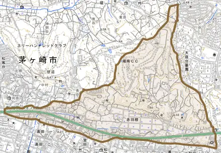 赤羽根とその周辺の地図。町の範囲を重ねている
