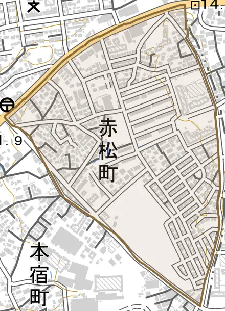 赤松町とその周辺の地図。町の範囲を重ねている