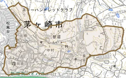 甘沼とその周辺の地図。町の範囲を重ねている