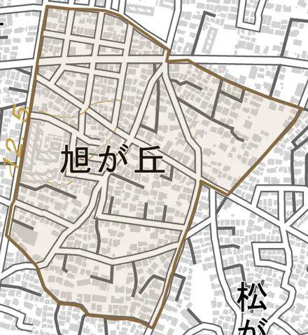 旭が丘とその周辺の地図。町の範囲を重ねている