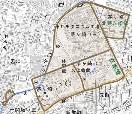 茅ヶ崎とその周辺の地図。町の範囲を重ねている