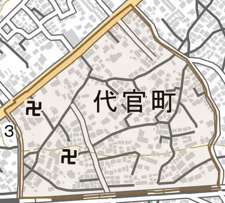 代官町とその周辺の地図。町の範囲を重ねている