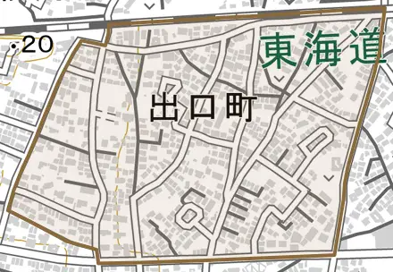 出口町とその周辺の地図。町の範囲を重ねている