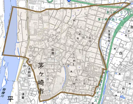 萩園とその周辺の地図。町の範囲を重ねている