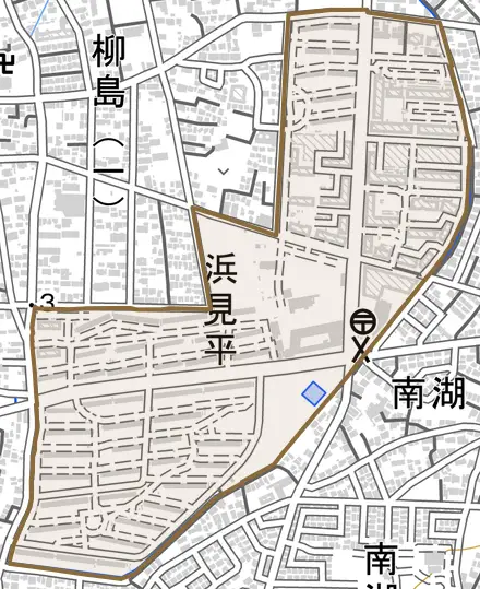 浜見平とその周辺の地図。町の範囲を重ねている