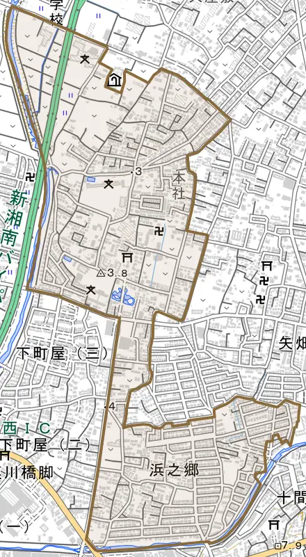 浜之郷とその周辺の地図。町の範囲を重ねている