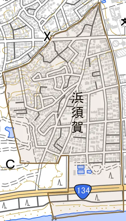 浜須賀とその周辺の地図。町の範囲を重ねている