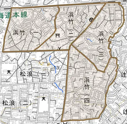 浜竹とその周辺の地図。町の範囲を重ねている