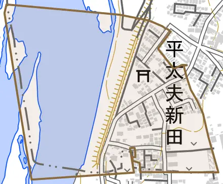 平太夫新田とその周辺の地図。町の範囲を重ねている