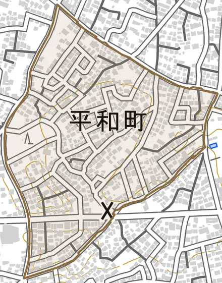 平和町とその周辺の地図。町の範囲を重ねている