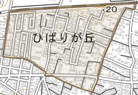 ひばりが丘とその周辺の地図。町の範囲を重ねている
