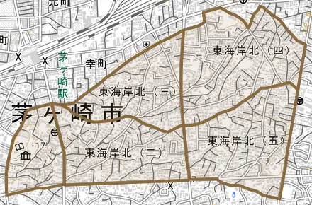 東海岸北とその周辺の地図。町の範囲を重ねている